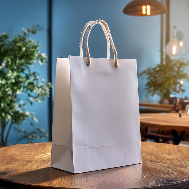 a white bag with handles on a table with a blue background