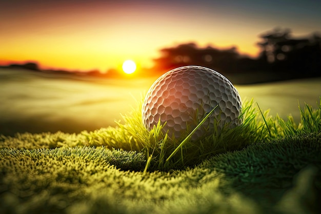 White ball on green grass golf course against backdrop of bright setting sun