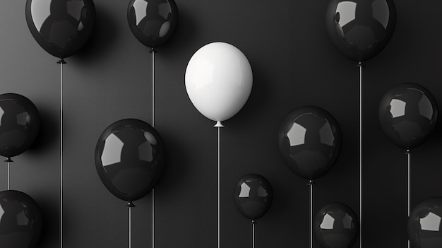 White balloon among black balloons