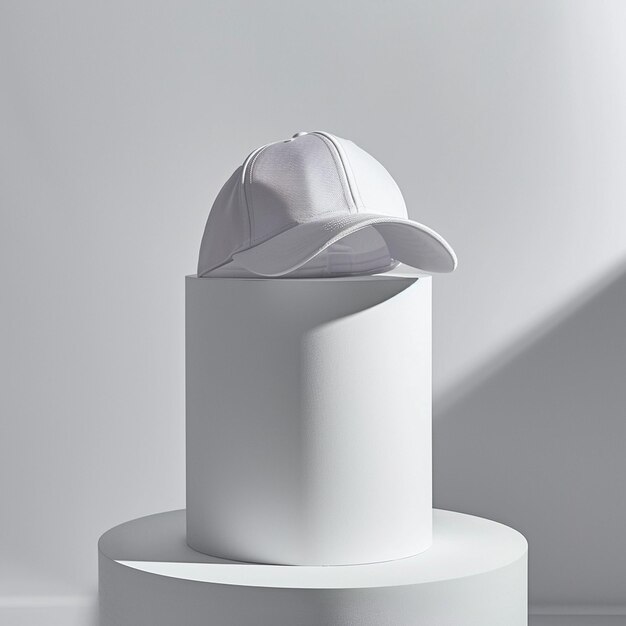 Photo white baseball cap on white cylinder platform