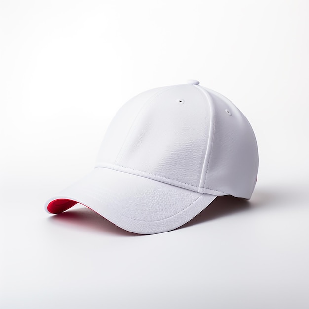 a white baseball cap with a red top that says  the word  on it