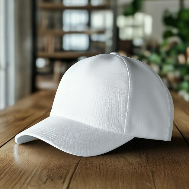 Photo a white baseball cap with a white cap on a wooden table