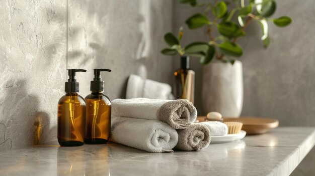 a white bath towel with a plant in the corner