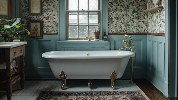 Photo a white bath tub with gold fixtures in a blue bathroom