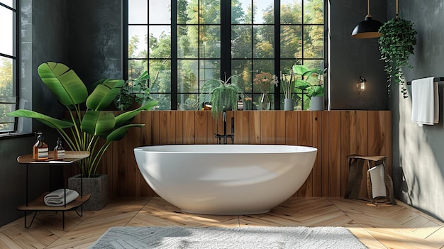 a white bath tub with a plant in the corner