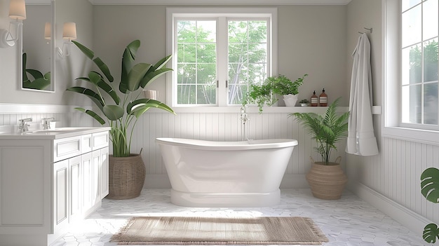 a white bath tub with plants in a bathroom