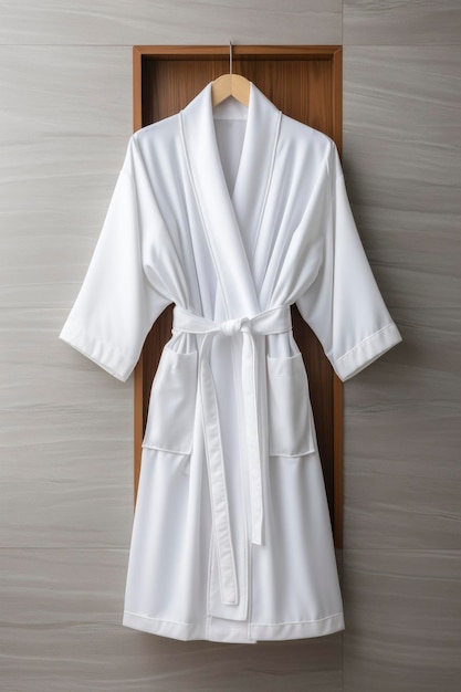 White bathrobe hanging on wall