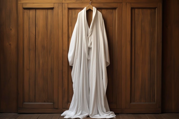 White bathrobe hanging on wall