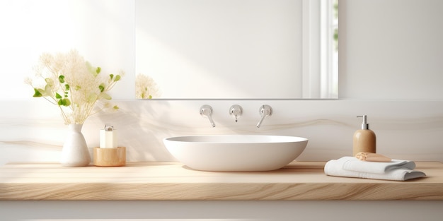 White bathroom interior Empty marble table top