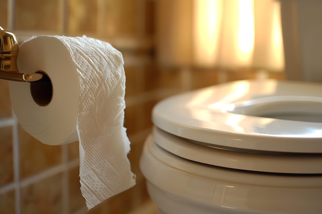 White bathroom interior with toilet paper roll hanging on the wall for comfort