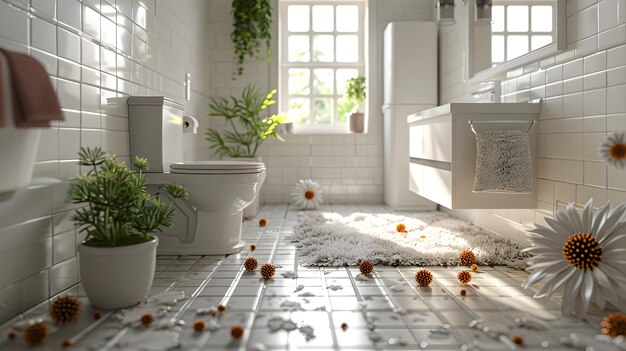 White Bathroom with Flowers and Plants