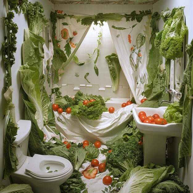 Photo white bathroom with fresh lettuce and tomato decor