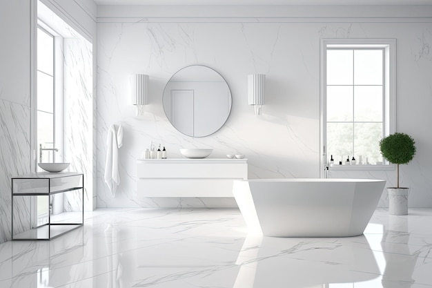 White bathroom with a tub sink and mirror