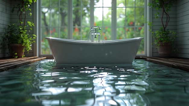 a white bathtub with a clear glass top sits on a glass table