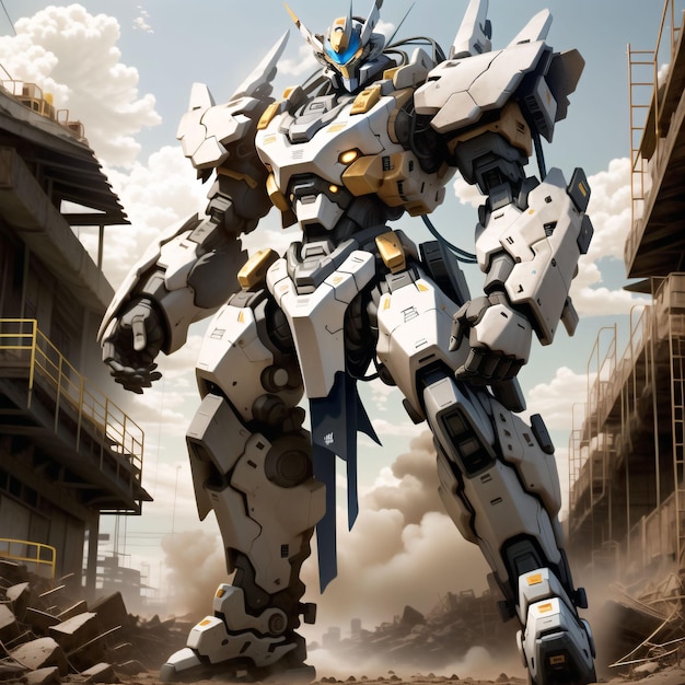 White battle mech in the city