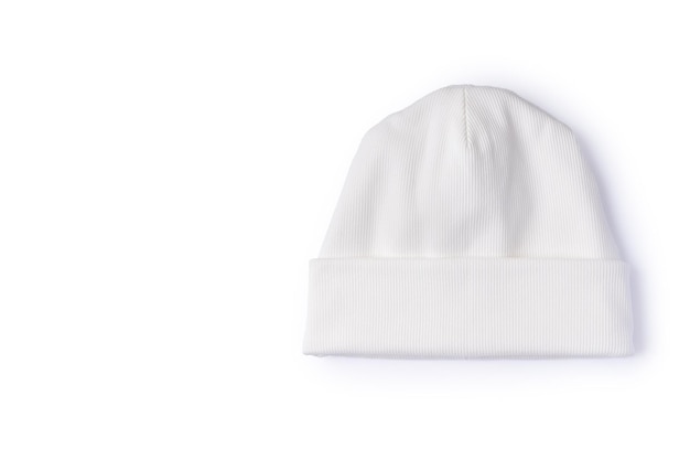 White beanie hat isolated on white background Top view of trendy youth headwear with copy space