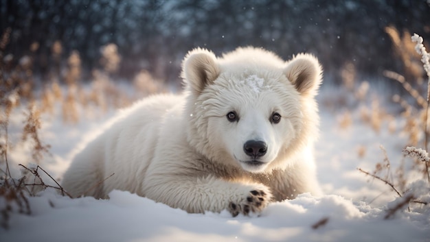 A white bear cub playing in a field of freshly fallen snow its fur sparkling in the moonlight