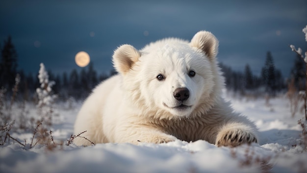 A white bear cub playing in a field of freshly fallen snow its fur sparkling in the moonlight