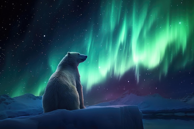 White bear stand on a glacier with Northern Lights Aurora Borealis Polar night with stars