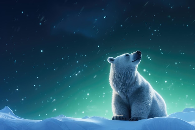 White bear stand on a glacier with Northern Lights Aurora Borealis Polar night with stars