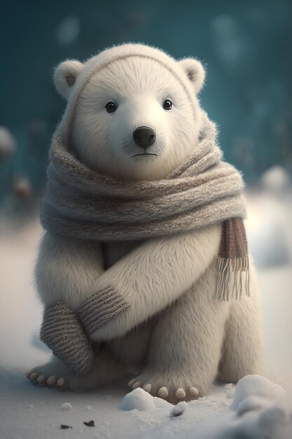 A white bear with a scarf and a scarf sits in a snowy scene.