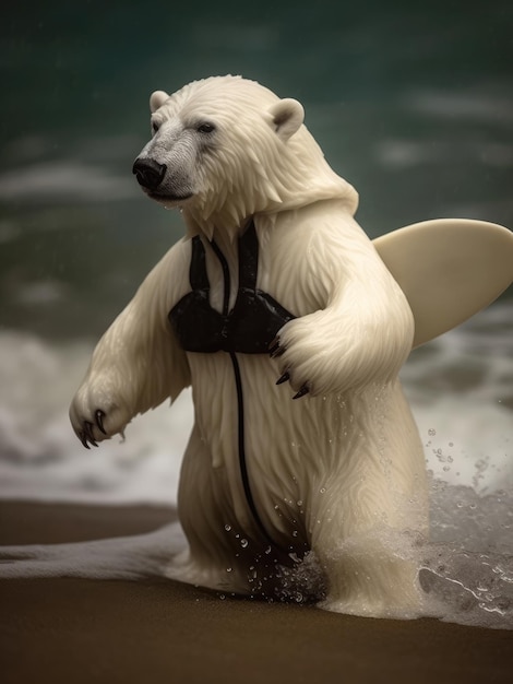 A white bear with a surfboard on its back is standing on the beach.