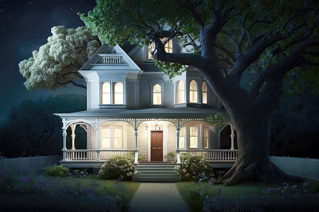 White beautiful house with porch on tree background exterior of a classic house at night