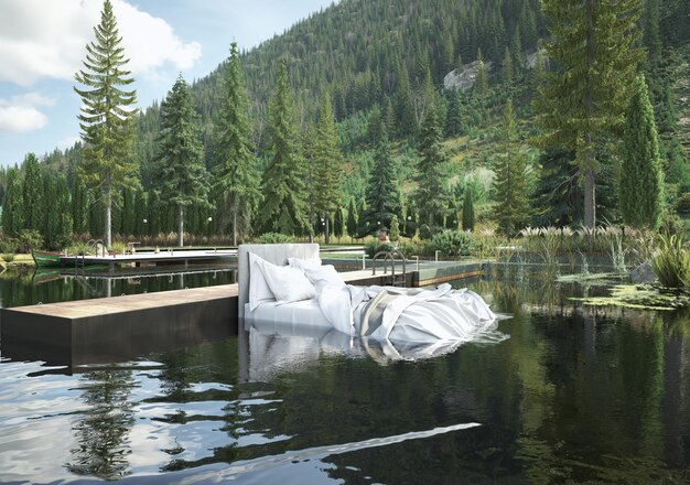 white bed on a lake in the mountains