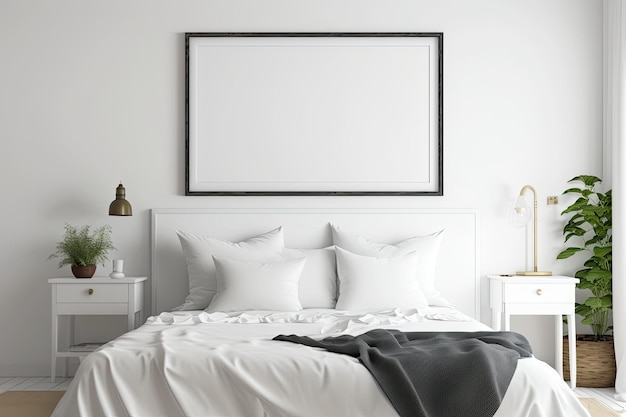 White bed with blank horizontal poster Isolated poster frame clipping route