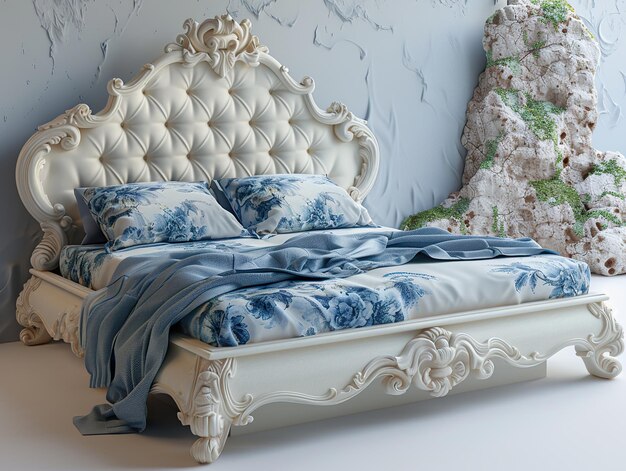 Photo a white bed with blue and white pillows and a white headboard