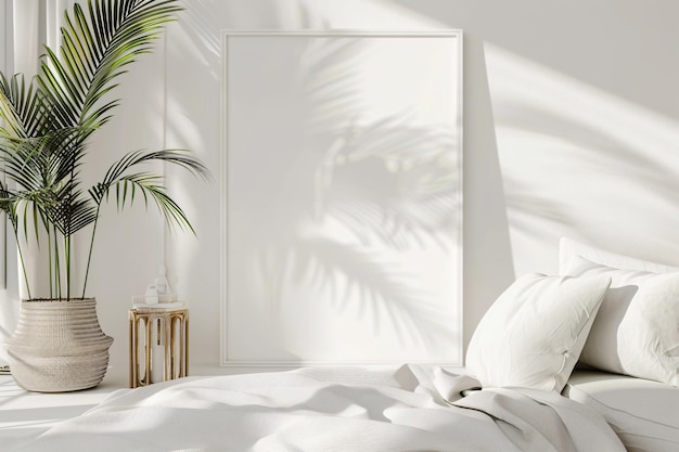 a white bed with a plant in the corner next to a lamp