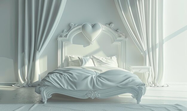 a white bed with a white heartshaped pillow