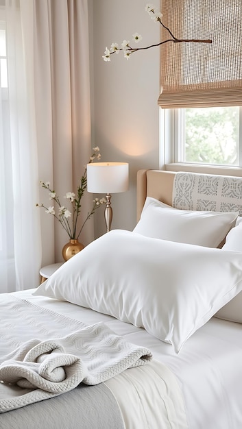 Photo a white bed with a white pillow and a white pillow on it