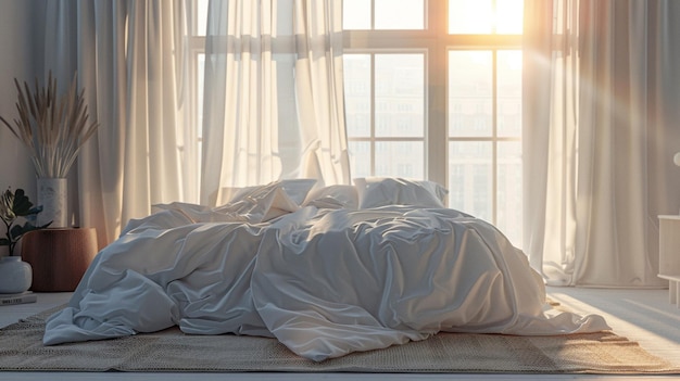 a white bed with a white sheet and a window with the sun shining through it