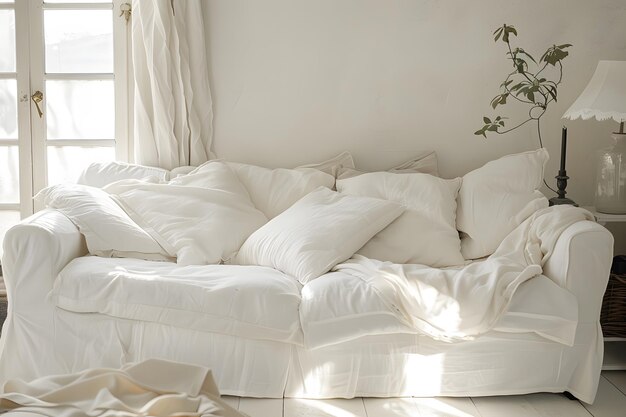 Photo a white bed with white sheets and a white comforter