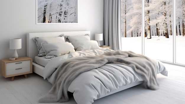 White bedroom interior scandinavian design 3d renderning Generative AI