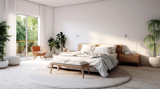 White bedroom interior scandinavian design 3d renderning Generative AI