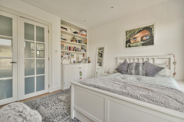 A white bedroom with a bed and a book shelf