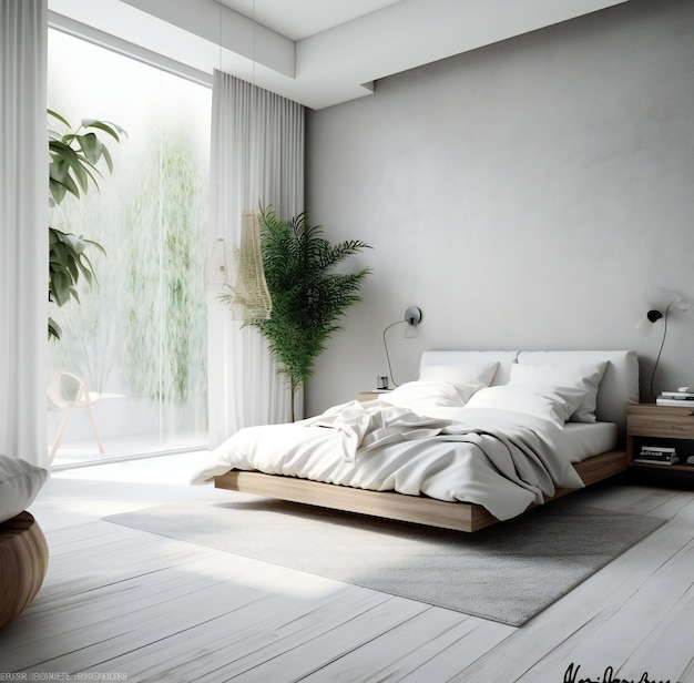 A white bedroom with a bed and a plant on the right side.