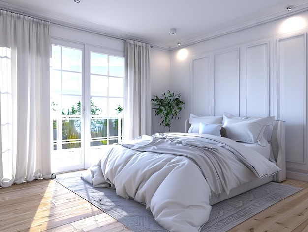 A white bedroom with a bed and a window