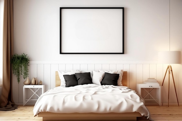 A white bedroom with a framed picture on the wall