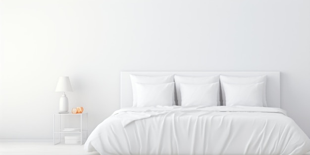 a white bedroom with a white bed and a lamp on a nightstand