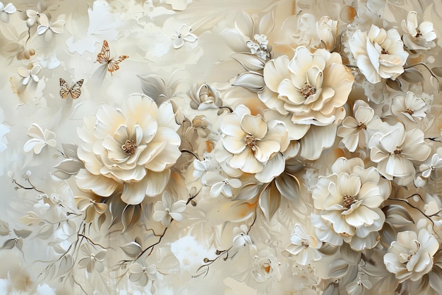 White and Beige Floral Painting with Butterflies