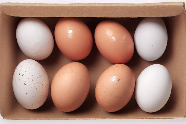 White and beige fresh eggs lie in rectangular box