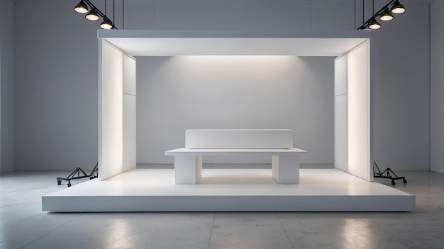 a white bench is in a room with a white wall behind it