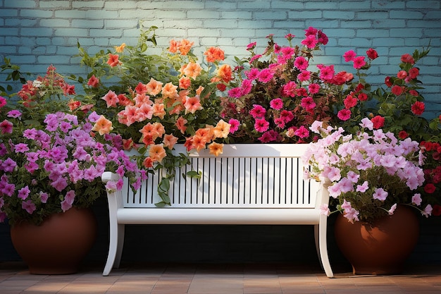 White Bench with Colorful Flowers in Garden on Blue Brick Wall Background