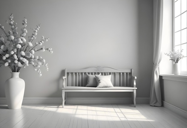 Photo a white bench with a white pillow and a curtain that says  spring