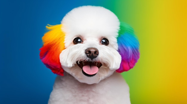 White bichon dog wearing colorful rainbow