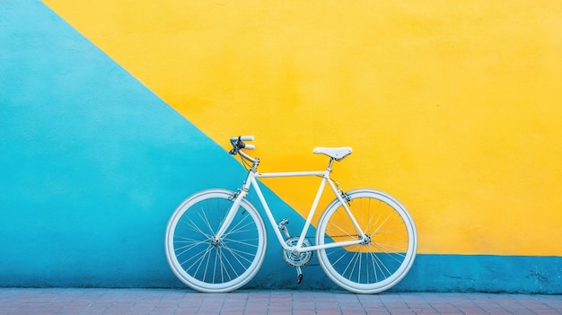 White Bicycle Against Yellow and Blue Wall