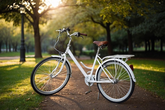 White bicycle standing in the park